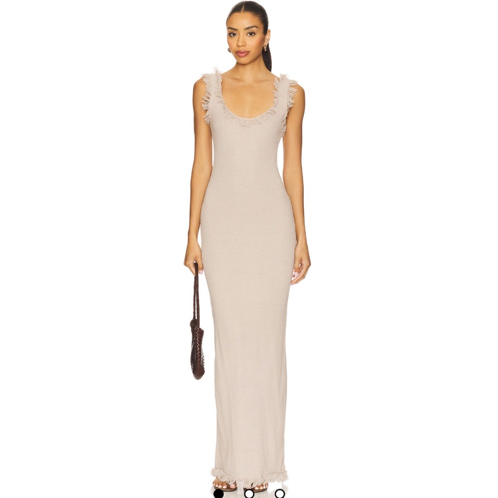 Sleeveless Fringe Trim Maxi Dress in Beige